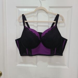 XO Push Up Plunge Longline Bra 48C Black and Purple Lace Plunge